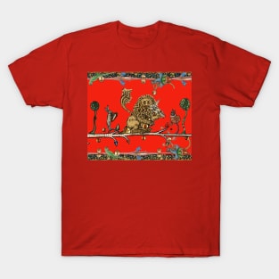 WEIRD MEDIEVAL BESTIARY MAKING MUSIC Violinist Lion,Hare,Snail Cat in Royal Red T-Shirt